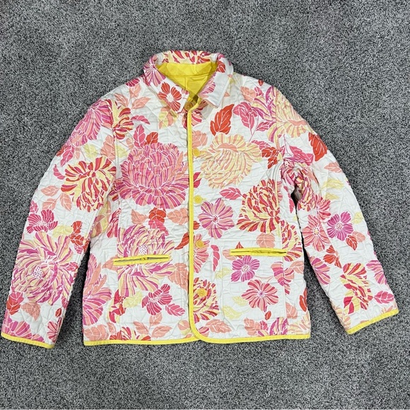 Talbots Reversible Quilted Blazer Jacket Yellow Pink Cotton Floral Women’s L - Picture 1 of 11